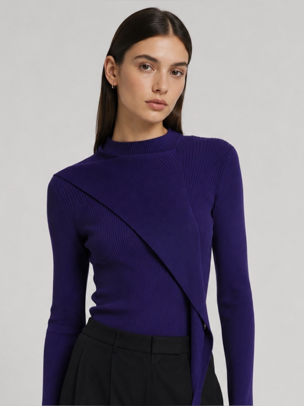 Scanlan Theodore Cravat Asymmetric Ribbed Knit Top in Royal Purple
